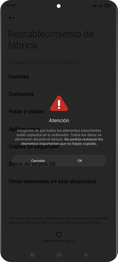 Pulsa OK. Espera unos instantes mientras el teléfono restablece la configuración predeterminada. Sigue las indicaciones de la pantalla para configurar el teléfono y dejarlo listo para su uso. Pulsa OK. Espera unos instantes mientras el teléfono restablece la configuración predeterminada. Sigue las indicaciones de la pantalla para configurar el teléfono y dejarlo listo para su uso.