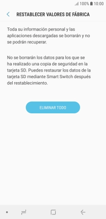 Pulsa ELIMINAR TODO. Espera unos instantes mientras el teléfono restablece la configuración predeterminada. Sigue las indicaciones de la pantalla para configurar el teléfono y dejarlo listo para su uso. Pulsa ELIMINAR TODO. Espera unos instantes mientras el teléfono restablece la configuración predeterminada. Sigue las indicaciones de la pantalla para configurar el teléfono y dejarlo listo para su uso.