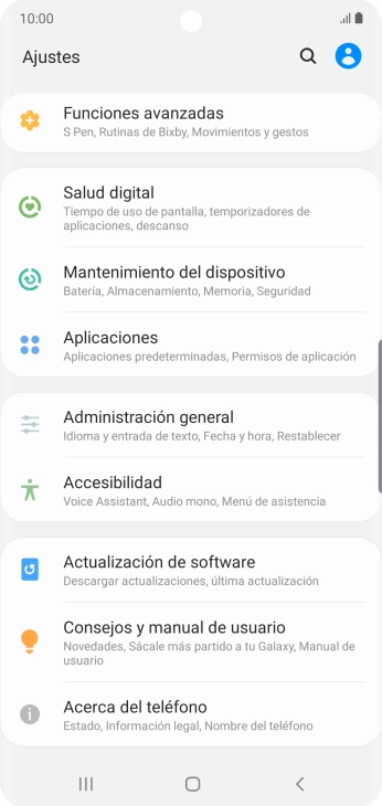Pulsa Actualización de software. Si hay una versión de software nueva disponible, aparecerá ahora en la pantalla. Sigue las indicaciones de la pantalla para actualizar el software del teléfono.