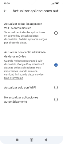 Para activar la actualización automática de apps utilizando la red móvil, pulsa Actualizar todas las apps con Wi-Fi o datos móviles. Para activar la actualización automática de apps utilizando la red móvil, pulsa Actualizar todas las apps con Wi-Fi o datos móviles.