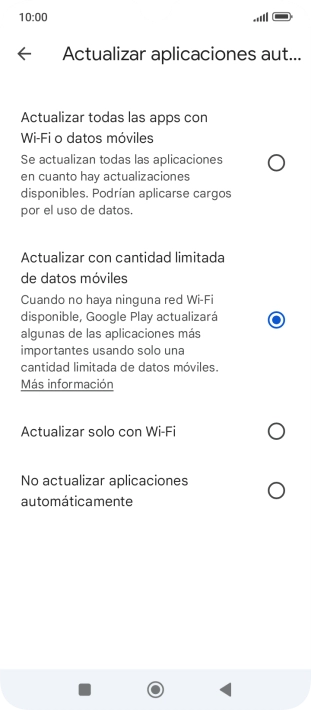 Para activar la actualización automática de apps utilizando la red móvil, pulsa Actualizar todas las apps con Wi-Fi o datos móviles. Para activar la actualización automática de apps utilizando la red móvil, pulsa Actualizar todas las apps con Wi-Fi o datos móviles.