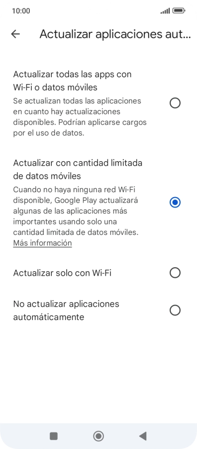 Para activar la actualización automática de apps utilizando la red móvil, pulsa Actualizar todas las apps con Wi-Fi o datos móviles. Para activar la actualización automática de apps utilizando la red móvil, pulsa Actualizar todas las apps con Wi-Fi o datos móviles.
