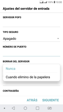 Pulsa Nunca para conservar los correos electrónicos en el servidor cuando los borras del teléfono. Pulsa Nunca para conservar los correos electrónicos en el servidor cuando los borras del teléfono.