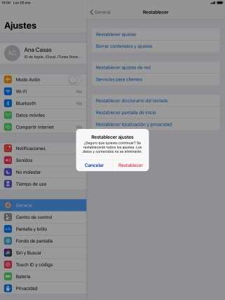 Pulsa Restablecer. Espera unos instantes mientras la tablet restablece la configuración predeterminada. Sigue las indicaciones de la pantalla para configurar la tablet y dejarla lista para su uso. Pulsa Restablecer. Espera unos instantes mientras la tablet restablece la configuración predeterminada. Sigue las indicaciones de la pantalla para configurar la tablet y dejarla lista para su uso.