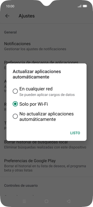 Para activar la actualización automática de apps utilizando la red móvil, pulsa En cualquier red. Para activar la actualización automática de apps utilizando la red móvil, pulsa En cualquier red.