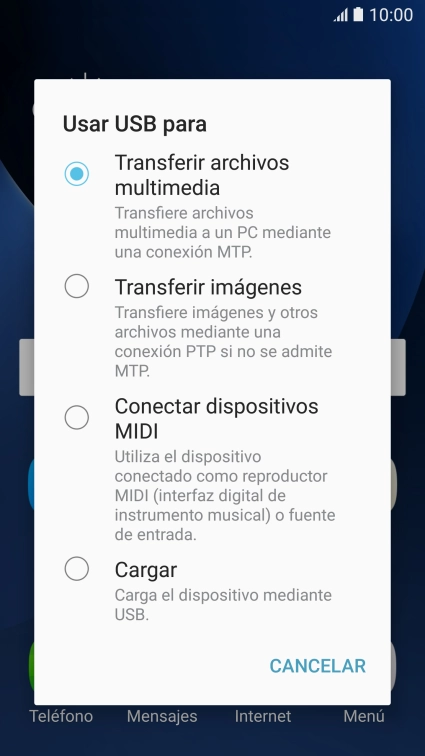 Pulsa Transferir archivos multimedia para activar la función. Pulsa Transferir archivos multimedia para activar la función.