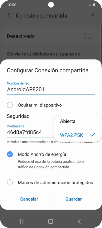 Pulsa WPA2 PSK para proteger la conexión wifi con una contraseña. Pulsa WPA2 PSK para proteger la conexión wifi con una contraseña.