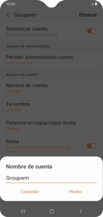 Introduce el nombre deseado de la cuenta de correo electrónico y pulsa Hecho. Introduce el nombre deseado de la cuenta de correo electrónico y pulsa Hecho.