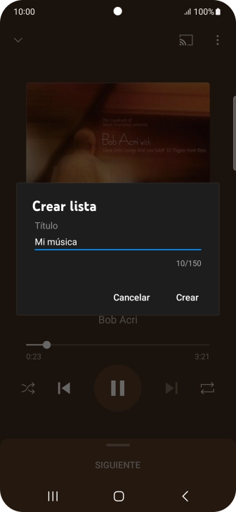Introduce el nombre deseado de la lista de reproducción y pulsa Crear. Introduce el nombre deseado de la lista de reproducción y pulsa Crear.