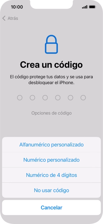 Sigue las indicaciones de la pantalla para activar el uso del código de seguridad o pulsa No usar código. Sigue las indicaciones de la pantalla para activar el uso del código de seguridad o pulsa No usar código.