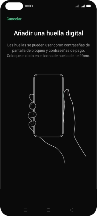 Sigue las indicaciones de la pantalla para crear una huella digital como código de seguridad. Sigue las indicaciones de la pantalla para crear una huella digital como código de seguridad.