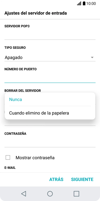 Pulsa Nunca para conservar los correos electrónicos en el servidor cuando los borras del teléfono. Pulsa Nunca para conservar los correos electrónicos en el servidor cuando los borras del teléfono.