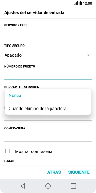 Pulsa Nunca para conservar los correos electrónicos en el servidor cuando los borras del teléfono. Pulsa Nunca para conservar los correos electrónicos en el servidor cuando los borras del teléfono.