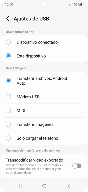 Pulsa Transferir archivos/Android Auto. Pulsa Transferir archivos/Android Auto.