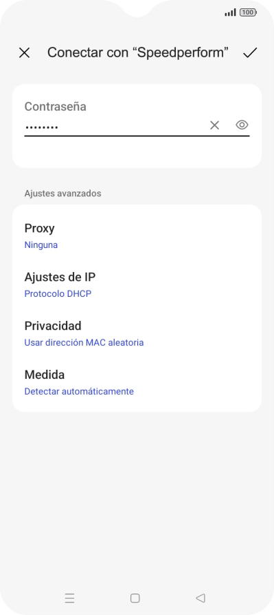 Introduce la contraseña de la red Wi-Fi y pulsa el icono de aceptar. Introduce la contraseña de la red Wi-Fi y pulsa el icono de aceptar.