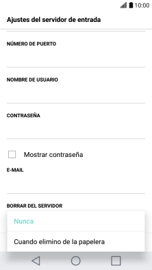 Pulsa Nunca para conservar los correos electrónicos en el servidor cuando los borras del teléfono. Pulsa Nunca para conservar los correos electrónicos en el servidor cuando los borras del teléfono.