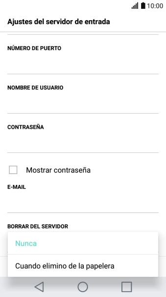 Pulsa Nunca para conservar los correos electrónicos en el servidor cuando los borras del teléfono. Pulsa Nunca para conservar los correos electrónicos en el servidor cuando los borras del teléfono.