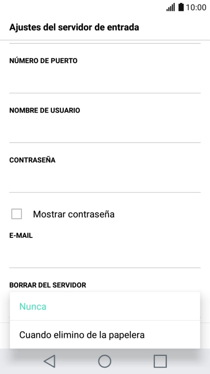 Pulsa Nunca para conservar los correos electrónicos en el servidor cuando los borras del teléfono. Pulsa Nunca para conservar los correos electrónicos en el servidor cuando los borras del teléfono.