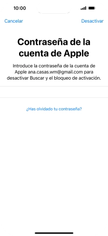Introduce la contraseña de tu ID de Apple y pulsa Desactivar. Espera unos instantes mientras el teléfono restablece la configuración predeterminada. Sigue las indicaciones de la pantalla para configurar el teléfono y dejarlo listo para su uso.