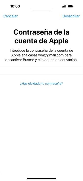 Introduce la contraseña de tu ID de Apple y pulsa Desactivar. Espera unos instantes mientras el teléfono restablece la configuración predeterminada. Sigue las indicaciones de la pantalla para configurar el teléfono y dejarlo listo para su uso.