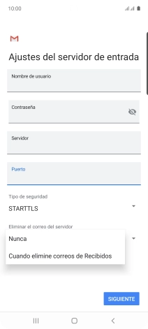 Pulsa Nunca para conservar los correos electrónicos en el servidor cuando los borras del teléfono. Pulsa Nunca para conservar los correos electrónicos en el servidor cuando los borras del teléfono.