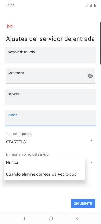Pulsa Nunca para conservar los correos electrónicos en el servidor cuando los borras del teléfono. Pulsa Nunca para conservar los correos electrónicos en el servidor cuando los borras del teléfono.