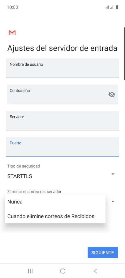 Pulsa Nunca para conservar los correos electrónicos en el servidor cuando los borras del teléfono. Pulsa Nunca para conservar los correos electrónicos en el servidor cuando los borras del teléfono.