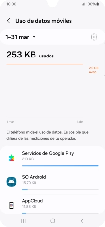El consumo de datos por cada aplicación aparece bajo el nombre de la aplicación. El consumo de datos por cada aplicación aparece bajo el nombre de la aplicación.