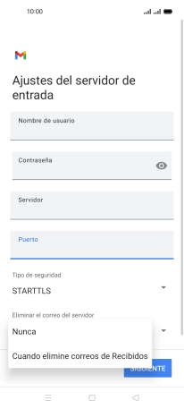 Pulsa Nunca para conservar los correos electrónicos en el servidor cuando los borras del teléfono. Pulsa Nunca para conservar los correos electrónicos en el servidor cuando los borras del teléfono.