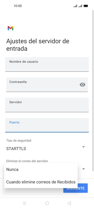 Pulsa Nunca para conservar los correos electrónicos en el servidor cuando los borras del teléfono. Pulsa Nunca para conservar los correos electrónicos en el servidor cuando los borras del teléfono.