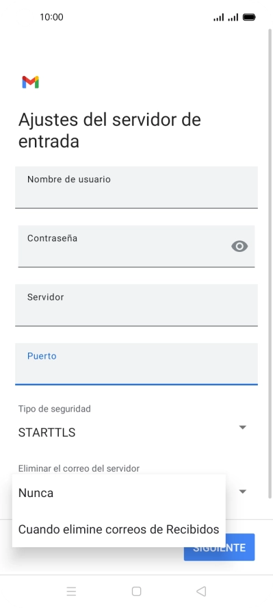 Pulsa Nunca para conservar los correos electrónicos en el servidor cuando los borras del teléfono. Pulsa Nunca para conservar los correos electrónicos en el servidor cuando los borras del teléfono.
