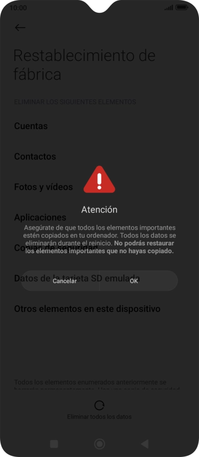Pulsa OK. Espera unos instantes mientras el teléfono restablece la configuración predeterminada. Sigue las indicaciones de la pantalla para configurar el teléfono y dejarlo listo para su uso. Pulsa OK. Espera unos instantes mientras el teléfono restablece la configuración predeterminada. Sigue las indicaciones de la pantalla para configurar el teléfono y dejarlo listo para su uso.