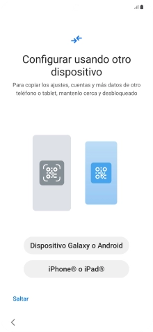 Pulsa la opción deseada para transferir contenido desde otro dispositivo y pulsa Saltar. Pulsa la opción deseada para transferir contenido desde otro dispositivo y pulsa Saltar.