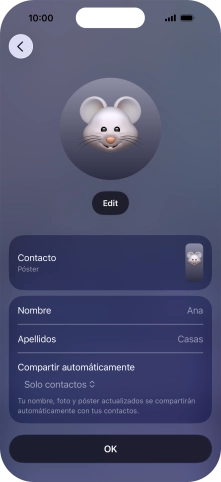 Pulsa los campos del nombre y sigue las indicaciones de la pantalla para editar el nombre del póster de contacto. Pulsa los campos del nombre y sigue las indicaciones de la pantalla para editar el nombre del póster de contacto.