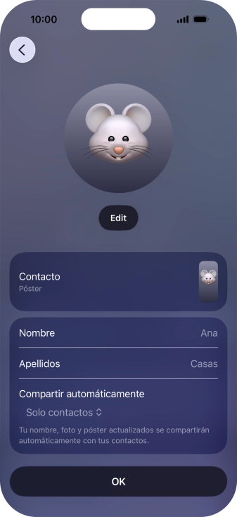 Pulsa los campos del nombre y sigue las indicaciones de la pantalla para editar el nombre del póster de contacto. Pulsa los campos del nombre y sigue las indicaciones de la pantalla para editar el nombre del póster de contacto.