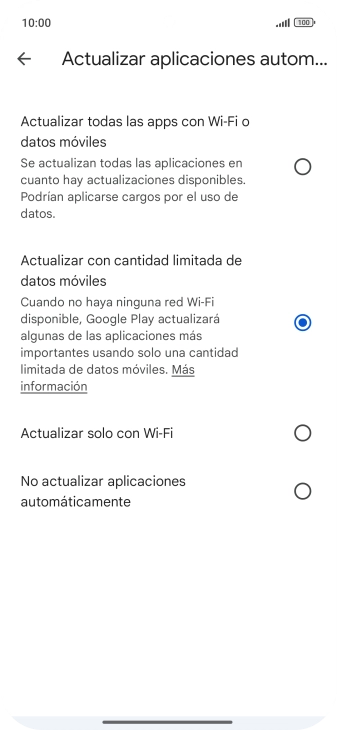 Para activar la actualización automática de apps a través de la red móvil, pulsa el campo junto a Para activar la actualización automática de apps a través de la red móvil, pulsa el campo junto a