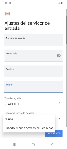 Pulsa Nunca para conservar los correos electrónicos en el servidor cuando los borras del teléfono. Pulsa Nunca para conservar los correos electrónicos en el servidor cuando los borras del teléfono.