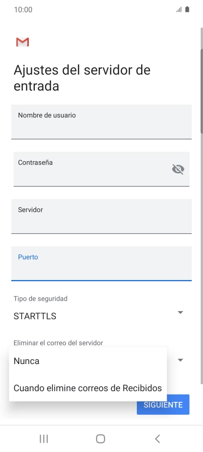 Pulsa Nunca para conservar los correos electrónicos en el servidor cuando los borras del teléfono. Pulsa Nunca para conservar los correos electrónicos en el servidor cuando los borras del teléfono.