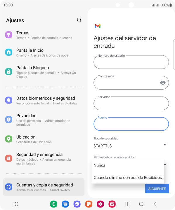 Pulsa Nunca para conservar los correos electrónicos en el servidor cuando los borras del teléfono. Pulsa Nunca para conservar los correos electrónicos en el servidor cuando los borras del teléfono.