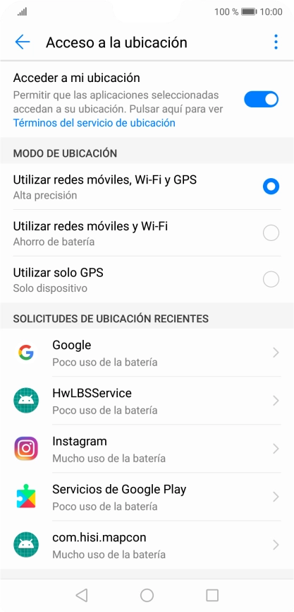 Si seleccionas Utilizar redes móviles, Wi-Fi y GPS, el teléfono podrá encontrar tu posición exacta con ayuda de los satélites GPS, la red móvil y una red wifi cercana. El GPS por satélite requiere vista libre al cielo. Si seleccionas Utilizar redes móviles, Wi-Fi y GPS, el teléfono podrá encontrar tu posición exacta con ayuda de los satélites GPS, la red móvil y una red wifi cercana. El GPS por satélite requiere vista libre al cielo.