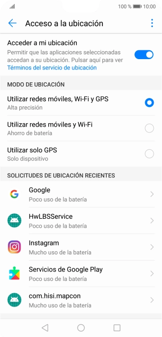 Si seleccionas Utilizar redes móviles, Wi-Fi y GPS, el teléfono podrá encontrar tu posición exacta con ayuda de los satélites GPS, la red móvil y una red wifi cercana. El GPS por satélite requiere vista libre al cielo. Si seleccionas Utilizar redes móviles, Wi-Fi y GPS, el teléfono podrá encontrar tu posición exacta con ayuda de los satélites GPS, la red móvil y una red wifi cercana. El GPS por satélite requiere vista libre al cielo.