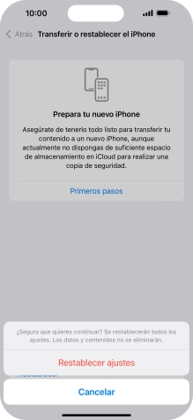 Pulsa Restablecer ajustes. Espera unos instantes mientras el teléfono restablece la configuración predeterminada. Sigue las indicaciones de la pantalla para configurar el teléfono y dejarlo listo para su uso.