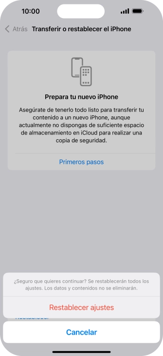 Pulsa Restablecer ajustes. Espera unos instantes mientras el teléfono restablece la configuración predeterminada. Sigue las indicaciones de la pantalla para configurar el teléfono y dejarlo listo para su uso.