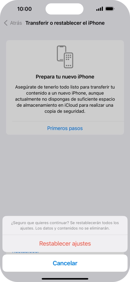 Pulsa Restablecer ajustes. Espera unos instantes mientras el teléfono restablece la configuración predeterminada. Sigue las indicaciones de la pantalla para configurar el teléfono y dejarlo listo para su uso.