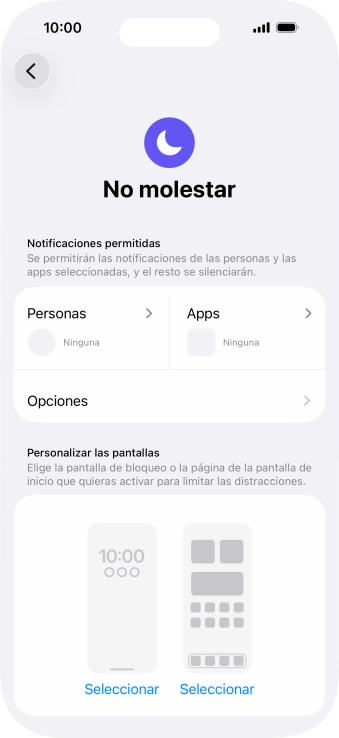Pulsa Personas y sigue las indicaciones de la pantalla para seleccionar de qué contactos quieres recibir llamadas y notificaciones cuando No molestar está activado.