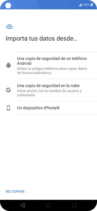 Pulsa la opción deseada y sigue las indicaciones de la pantalla para transferir contenido desde el otro teléfono y finalizar la activación de tu teléfono. Pulsa la opción deseada y sigue las indicaciones de la pantalla para transferir contenido desde el otro teléfono y finalizar la activación de tu teléfono.