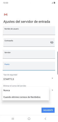 Pulsa Nunca para conservar los correos electrónicos en el servidor cuando los borras del teléfono. Pulsa Nunca para conservar los correos electrónicos en el servidor cuando los borras del teléfono.