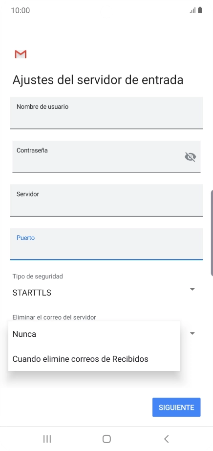 Pulsa Nunca para conservar los correos electrónicos en el servidor cuando los borras del teléfono. Pulsa Nunca para conservar los correos electrónicos en el servidor cuando los borras del teléfono.