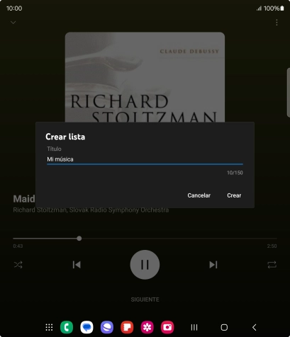 Introduce el nombre deseado de la lista de reproducción y pulsa Crear. Introduce el nombre deseado de la lista de reproducción y pulsa Crear.