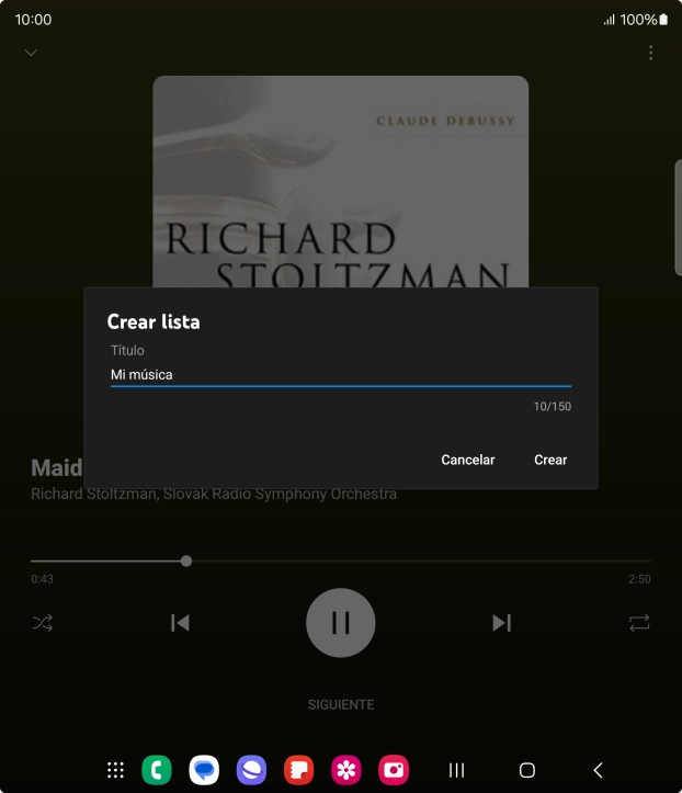 Introduce el nombre deseado de la lista de reproducción y pulsa Crear. Introduce el nombre deseado de la lista de reproducción y pulsa Crear.